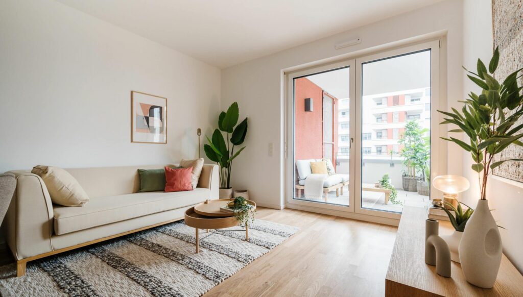 Lichtdurchflutetes Wohnzimmer mit direktem Zugang zum Balkon KLEYERS